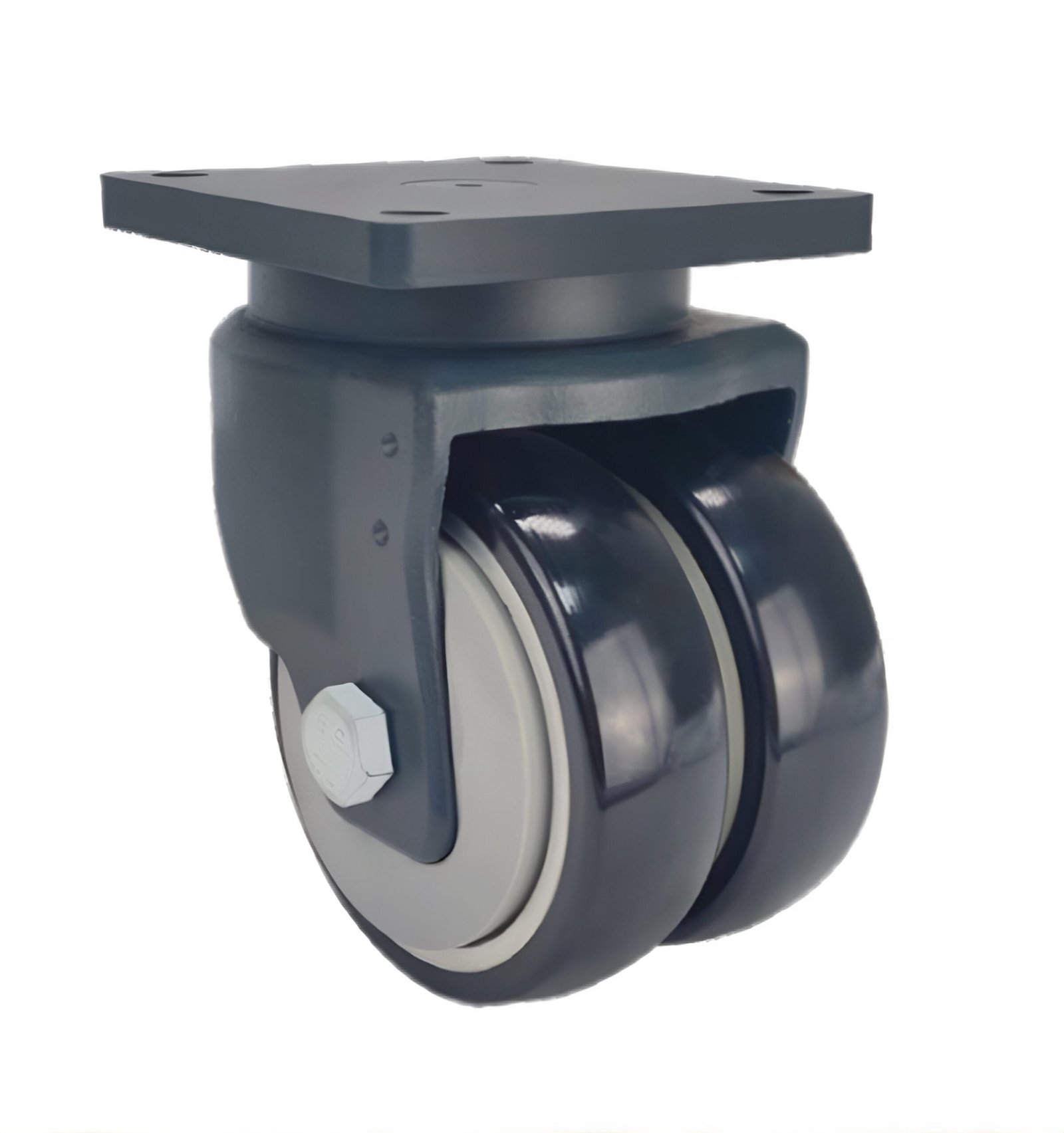 JQR06210 twin-wheel AGV castor with 500kg capacity, thread guards, and precision ball-bearing swivel head.
