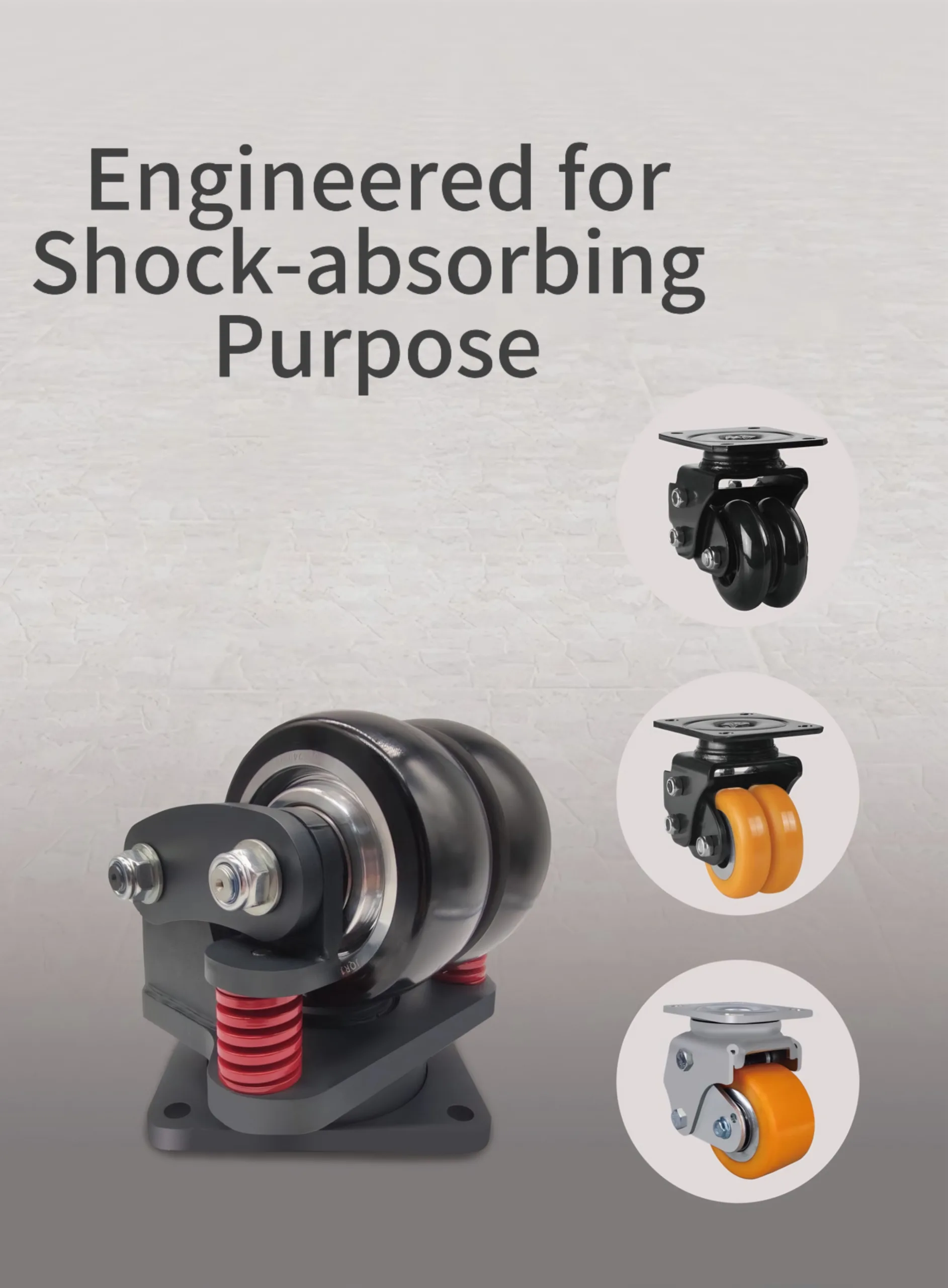 Detailed view of Ubetter spring-loaded shock-absorbing castors designed to dampen vibrations and protect internal robot sensors and fragile cargo during transport.